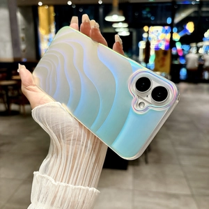 Iridescent laser wave texture phone case for iPhone 16 Pro Max with glossy gradient effect
