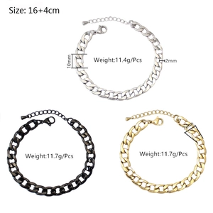 Flat Cuban link bracelets in silver black and gold with size specifications