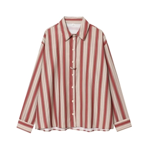 Chemise Rayée À Manches Longues Femmes Mélange Coton Polyester Rayures Verticales Détail Bride Au Dos Chemisier Élégant Boutonné