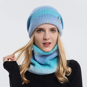 Gradient Color Beanie And Neck Warmer Winter Warm Thick Knit Hat Scarf For Women Outdoor Casual Acrylic