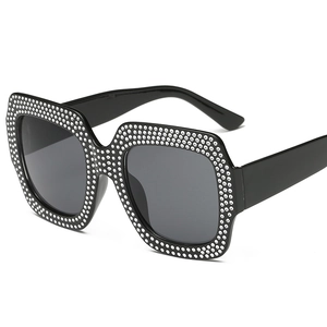 Retro square oversized sunglasses with sparkling crystals on black frame for women