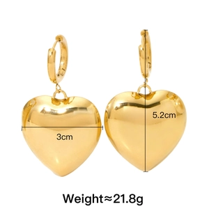 Gold stainless steel heart pendant earrings with size labels 3cm width 5.2cm height