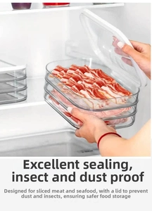 Stackable food storage boxes in refrigerator showing clear plastic design and sealing lids