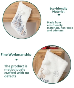 Macro detail of white plush Christmas stocking with snowflake and forest embroidery