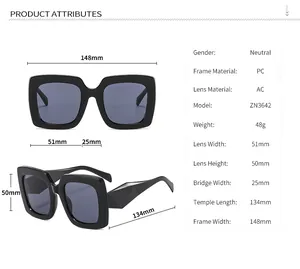 Size chart and dimensions for oversized retro square sunglasses showing frame measurements