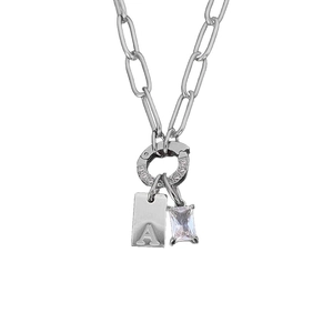 Elegant silver titanium steel paperclip chain necklace with initial A pendant and crystal