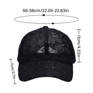 Black mesh baseball cap with sequined stars featuring detailed size measurements
