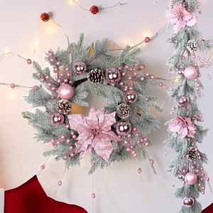 Pink Christmas Wreath Garland Flocked Snow Faux Pine Needle Poinsettia Pine Cone Ornament Festive Holiday Home Door Decor