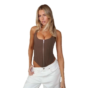 Bruine geribbelde haltertop met ritssluiting en slanke pasvorm voor damesmode