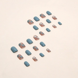 Short oval light blue and grey press-on nails with star patterns 24-piece full set
