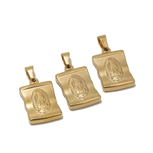 Three golden vintage relief cross necklaces with Virgin of Guadalupe pendants on white