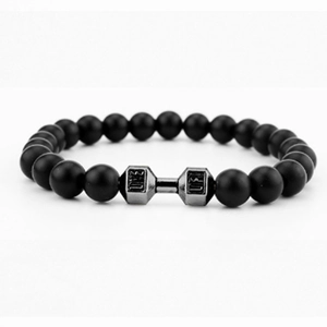 Lava stone dumbbell bracelet with matte black beads and silver motivational gym charms