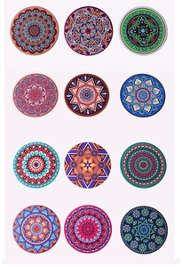 Detailed grid showing 12 unique mandala patterns for DIY diamond painting coasters
