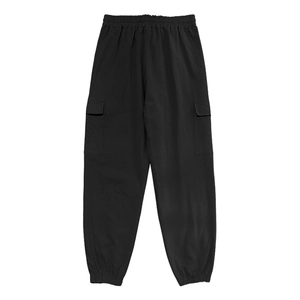 Back view of black cotton linen cargo pants featuring elastic waist and flap pockets