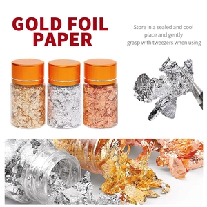 Three-color gold foil flakes for nail art with tweezers and close-up texture