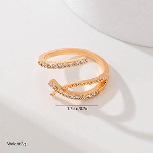 Detail view of rose gold leaf ring with zircon stones showing 1.7cm inner diameter
