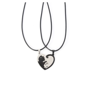 Couples stainless steel cat necklaces with heart-shaped puzzle pendants on black wax cords