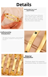 Detailed macro view of 18K gold plated clover bracelet with zircon gemstone inlays