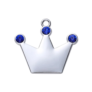Silver zinc alloy crown pet tag with deep blue rhinestones for dog and cat collars