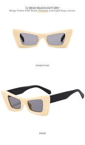 Dettaglio occhiali da sole cat-eye beige e neri con lenti grigio chiaro