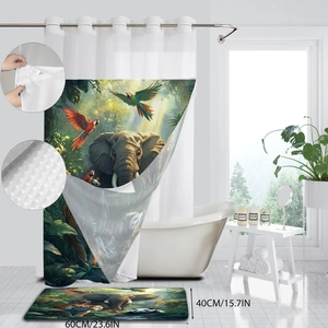 Waffle jungle animal print shower curtain with matching bath mat in bathroom
