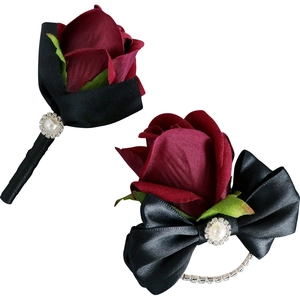 Wedding boutonniere and wrist corsage set with burgundy roses and black satin ribbon