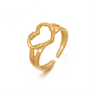 Gold heart-shaped ring with bamboo texture detail and adjustable open band design