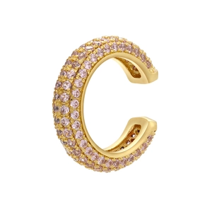 Macro detail of C-shape ear cuff with pink micro-pave zircons on 18K gold-plated base