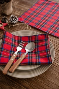 Close-up of red plaid fabric placemat folded on a plate with rustic pine cone decor
