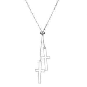 Silver stainless steel box chain necklace featuring a dual hollow cross pendant design