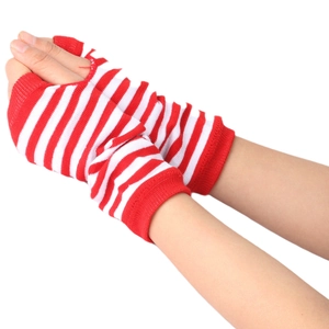 Red and white striped knitted fingerless gloves for kids cosplay and styling