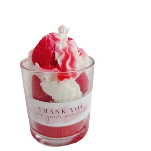 Handmade strawberry chocolate cream scented soy candle in a clear glass dessert cup
