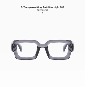 Detail view of square grey clear frames with anti-blue light lenses and C08 color code