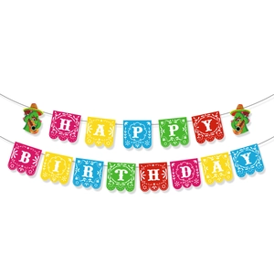 Colorful Mexican Fiesta Happy Birthday banner with cactus playing guitar graphics