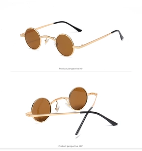 Detailed 90 and 180 degree perspective views of vintage round steampunk sunglasses