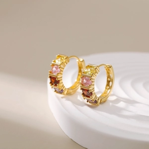 French vintage 18K gold-plated brass hoop earrings with five colorful zircon gemstones