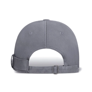 Back view of a grey short brim baseball cap with adjustable metal buckle closure