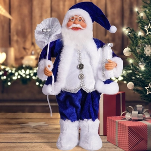 Detail of 12-inch standing Santa doll in blue velvet coat with silver gift bag
