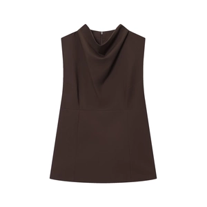 Deep brown sleeveless top with a draped cowl neck design and back zipper closure