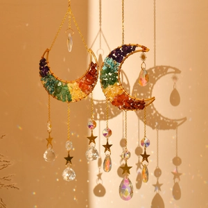Moon Suncatcher Handmade Crystal Rainbow Maker Hanging Ornament Natural Stone Stars Garden Home Decor Accessory