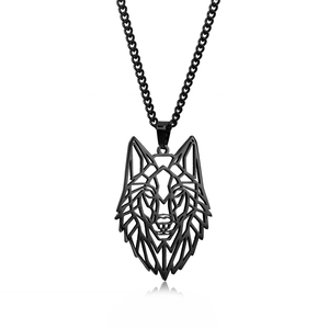 Close-up of black geometric wolf head pendant necklace with stainless steel metal finish