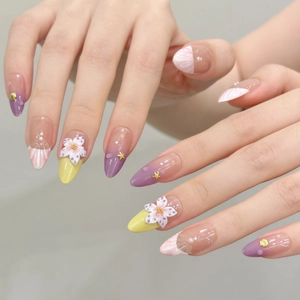 3D floral almond press-on nails with purple shells and pearls for beach style