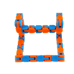 Blue and orange plastic wacky tracks fidget toy linked in a square shape on white background