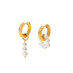 Gold stainless steel hoop earrings with asymmetrical natural freshwater pearl pendants