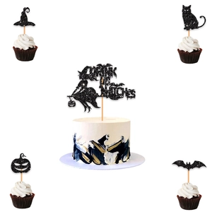 Black glitter Halloween cake toppers set with Drink Up Witches and bat motifs