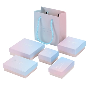 Pink blue gradient jewelry gift box set with Best Wishes silver stamp and matching bag