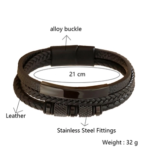 Men's multilayer braided leather bracelet with magnetic buckle and steel fittings