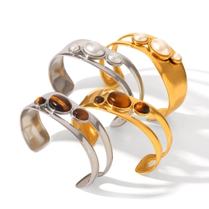 Gold and silver hollow stainless steel open bangles with tiger eye and pearl inlay