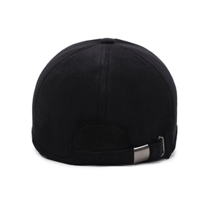 Men's winter baseball cap with ear flaps and warm plush lining in textured black fabric