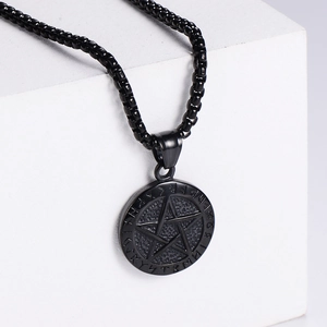 Retro black viking pentagram necklace with nordic rune engravings on round pendant